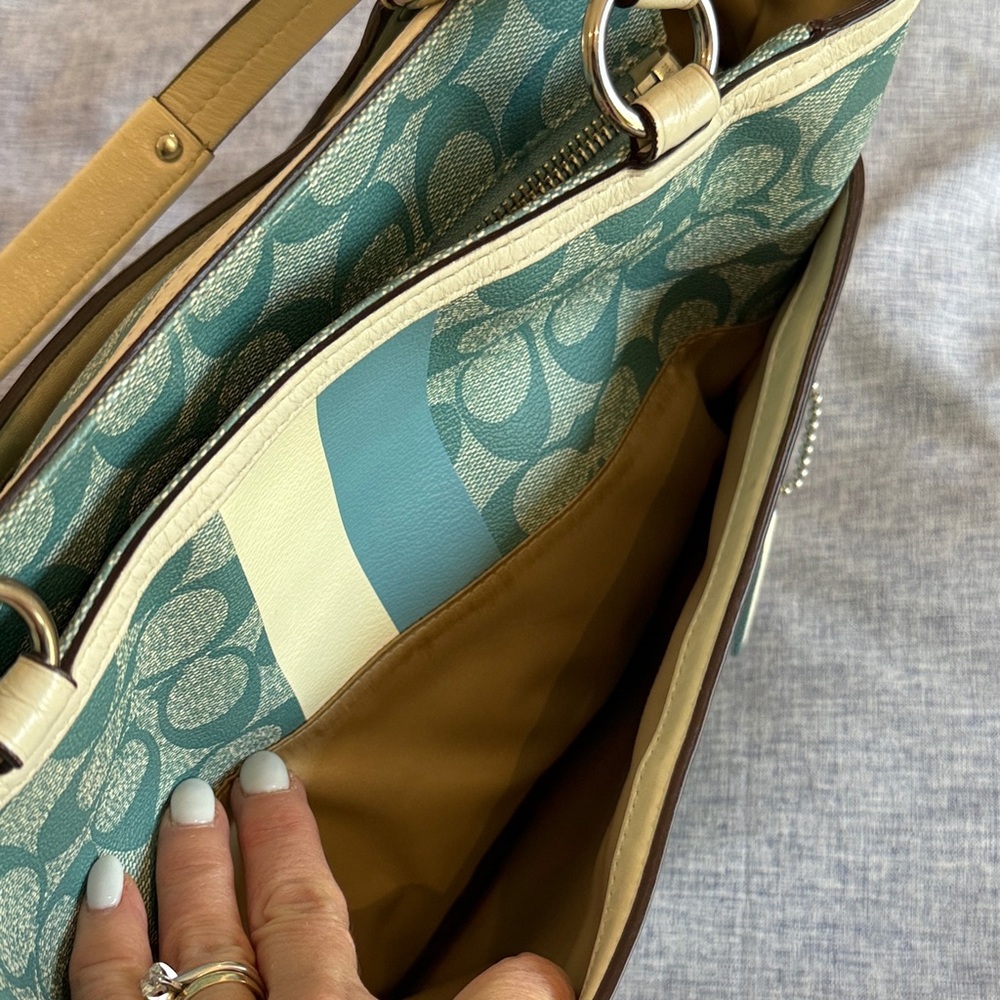 Coach Teal Signature Stripe Tote with Ivory Trim - Picture 3 of 15